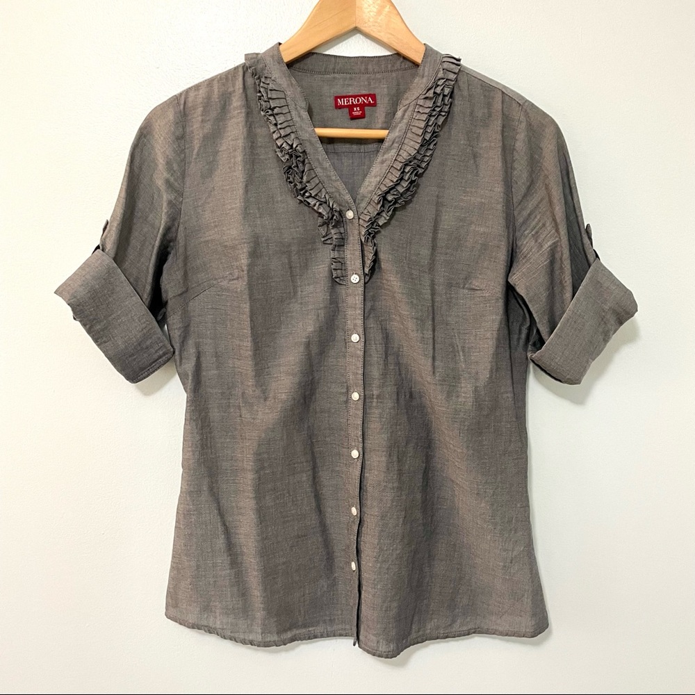 Merona Gray Ruffle Botton Down Shirt Convertible Sleeves